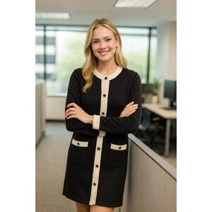 Laura By Alyzia Petites Black & Cream Button-Front Cardigan Dress With Pockets